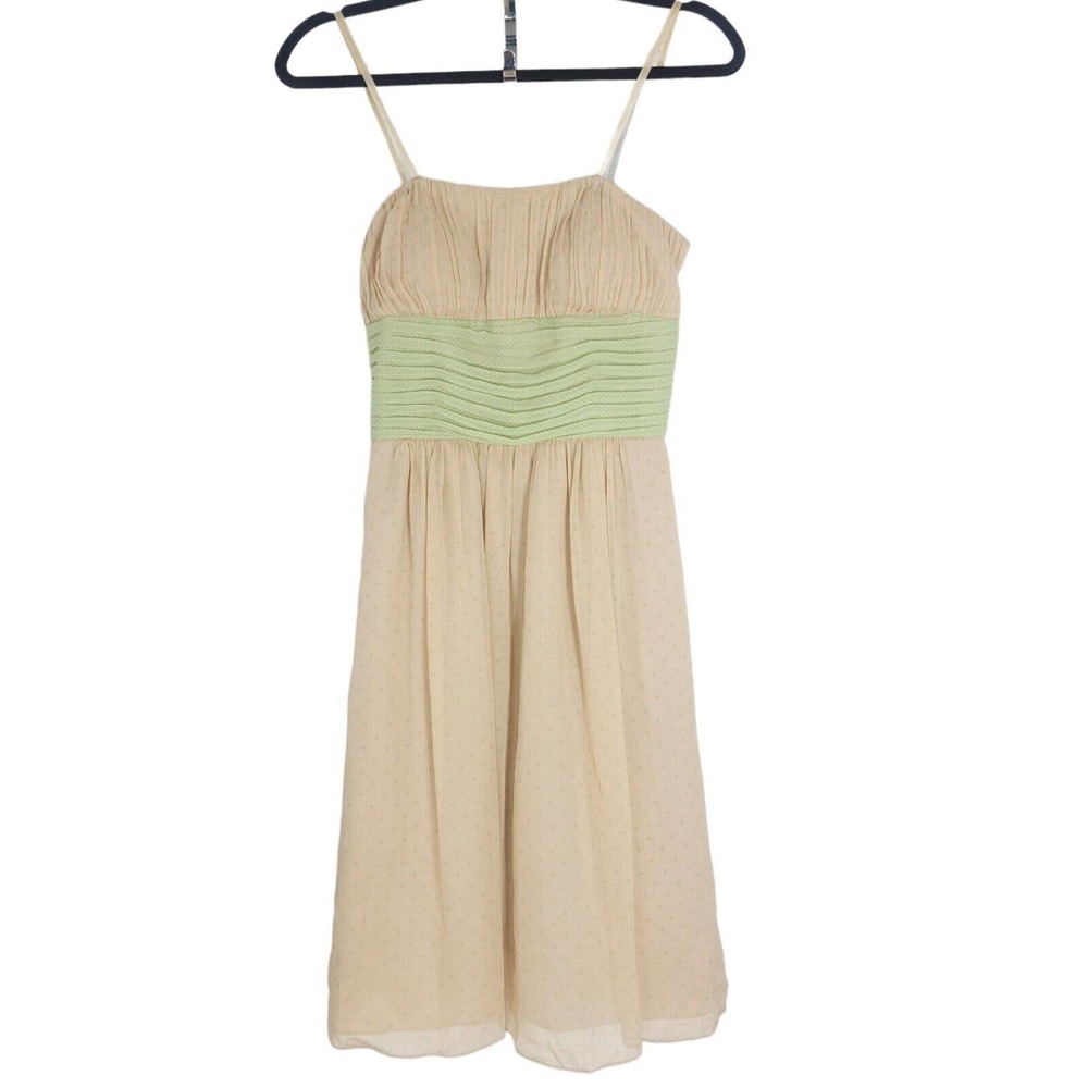 BCBG Paris Womens Dress Vtg 90s Y2K Silk Green Beige Polka Dot Garden Party Sz 4
